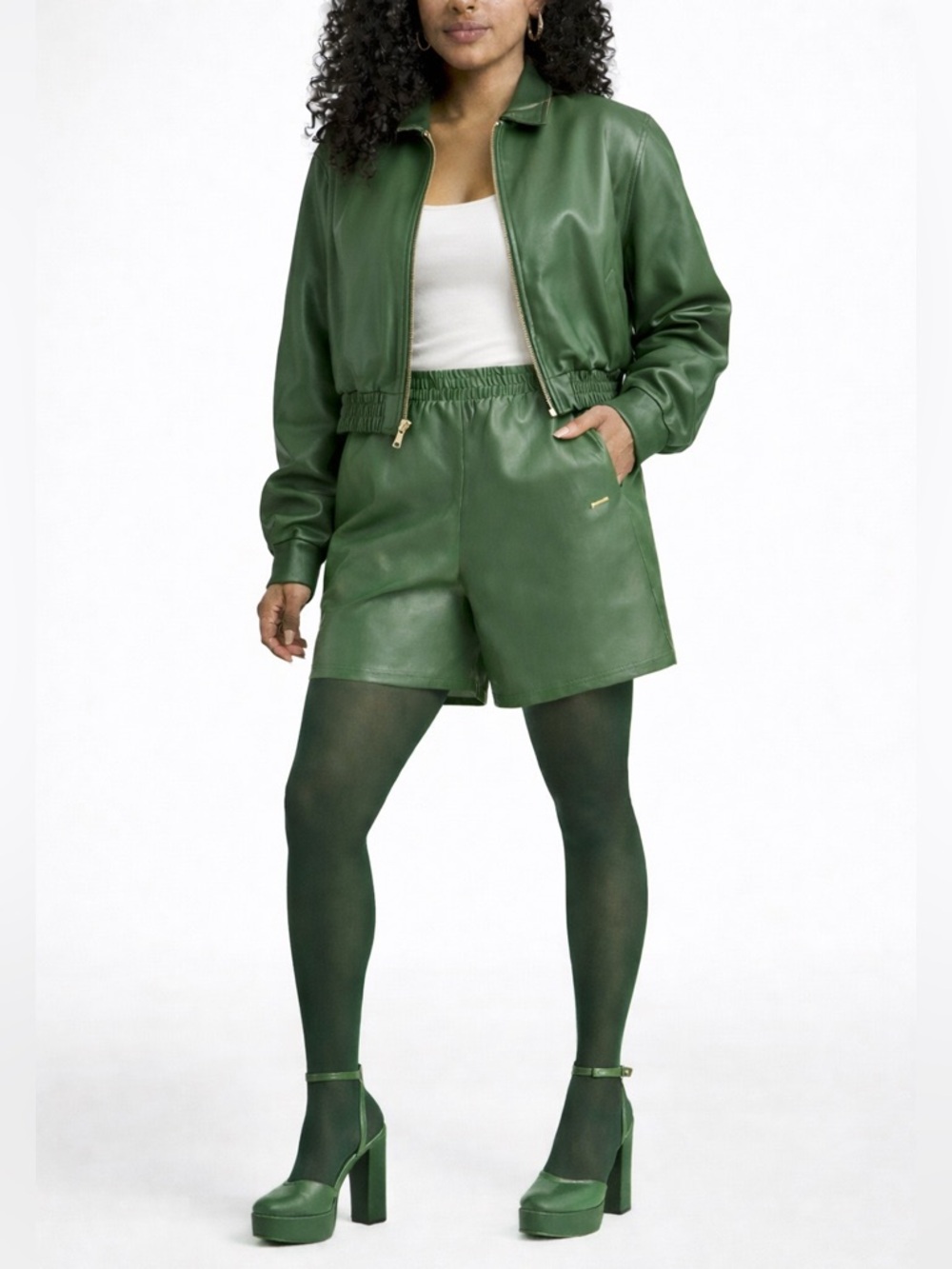 Fabletics Green Vegan Leather Shorts High Waist Stretch Size Large NWT